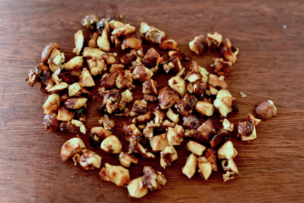 The brown sugar has now caramelised on the hazelnuts
