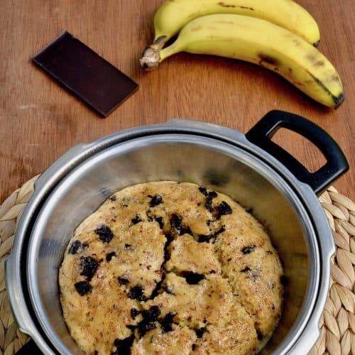 A chocolate chip banana cake in a pressure cooker