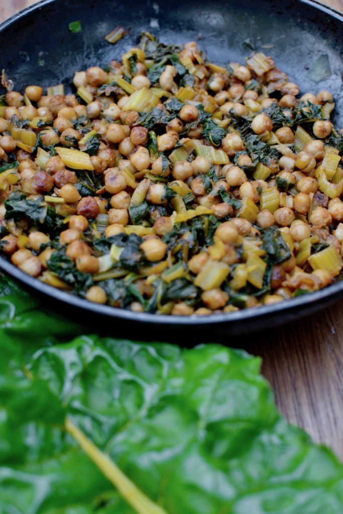 Fried chickpeas and chard ready to eat