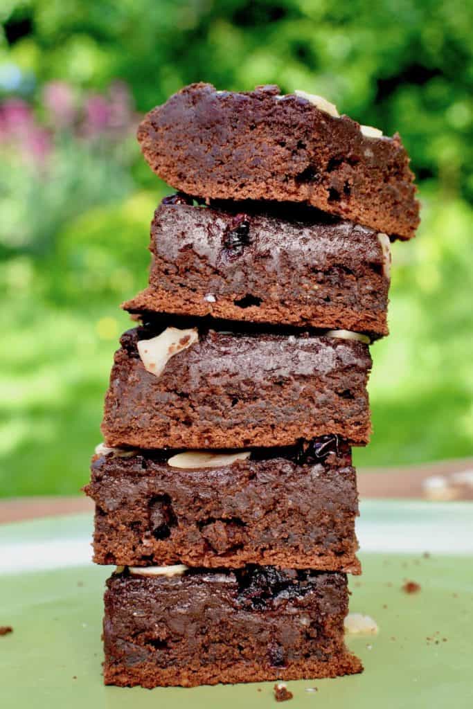A stack of fudgy vegan brownies
