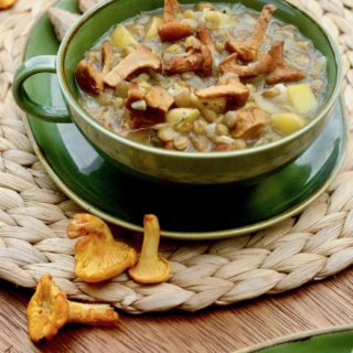 A bowl of stew containing chanterelle mushrooms, potatoes and lentils.