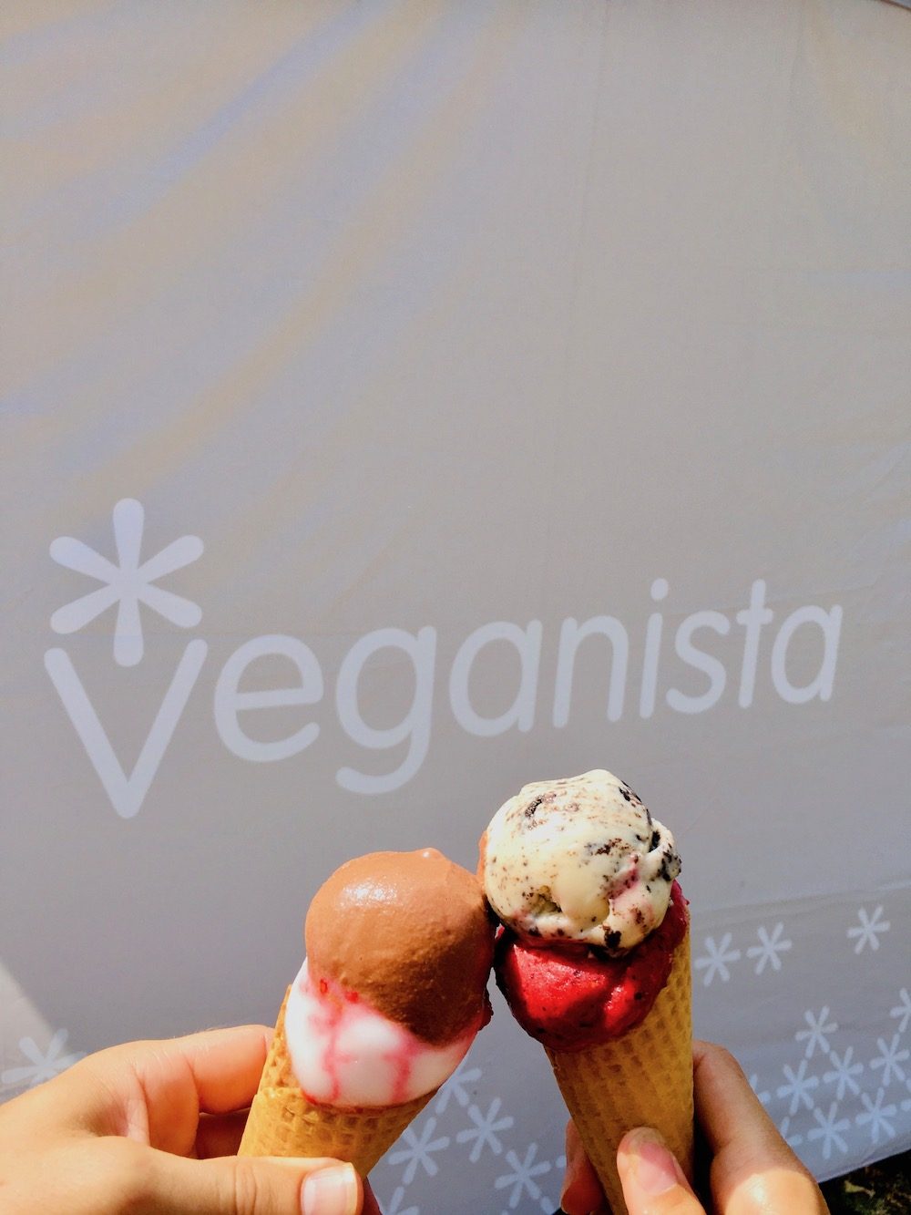 Two cones of ice cream in front of a Veganista banner