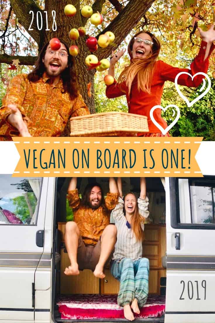 Vegan on Board is One! Two pictures of Sophie and Paul from 2018 and 2019