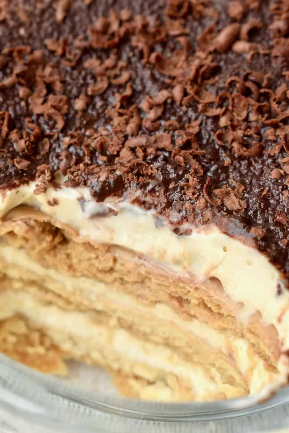 A close up shows the rich creamy layer, the coffee soaked biscuits and dark chocolate topping