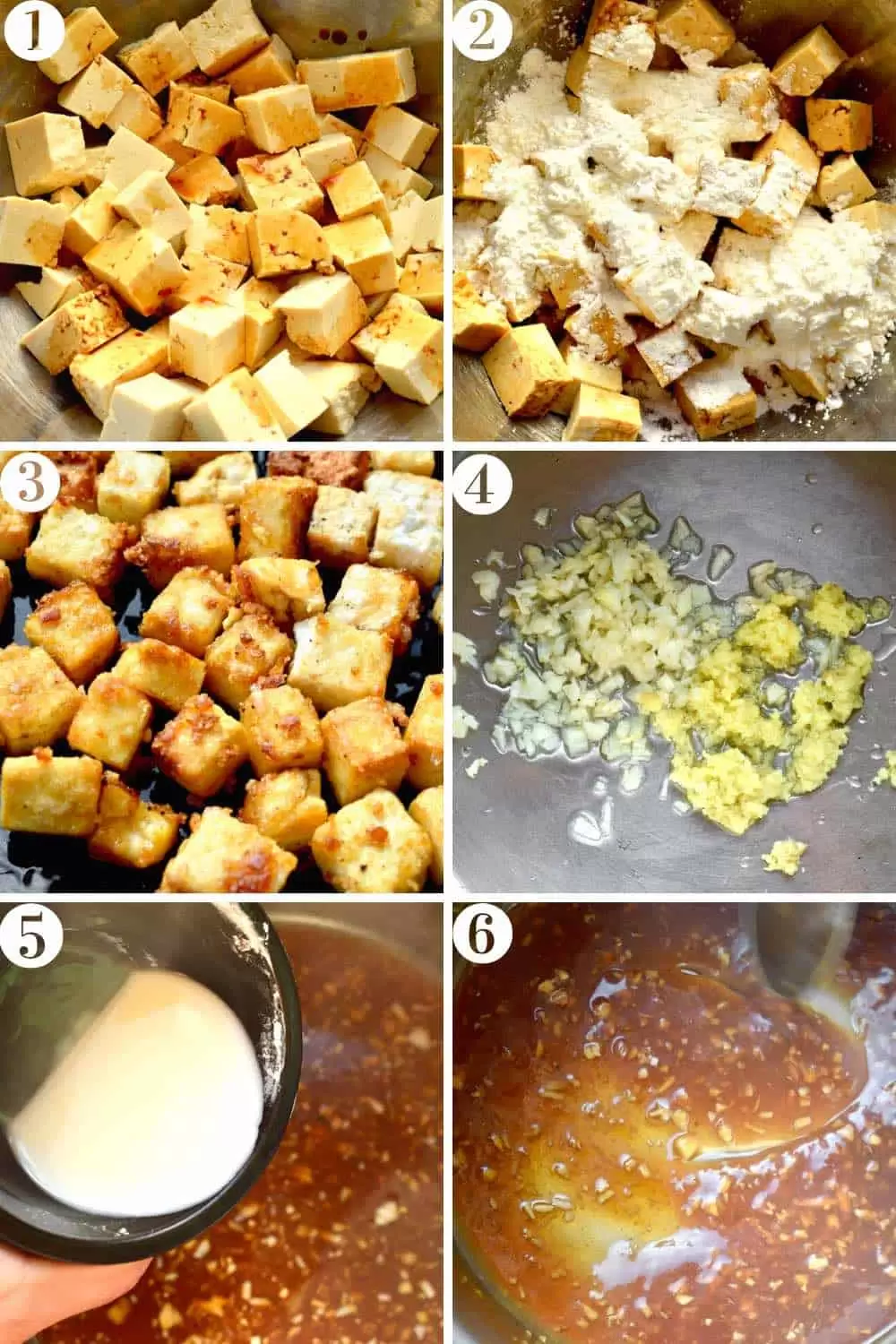 A step by step collage of marinating the tofu, coating in cornstarch, frying, then making the sauce. 