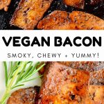 Vegan bacon. smoky, chewy, yummy. fried golden brown stripes of fried marinated tofu.