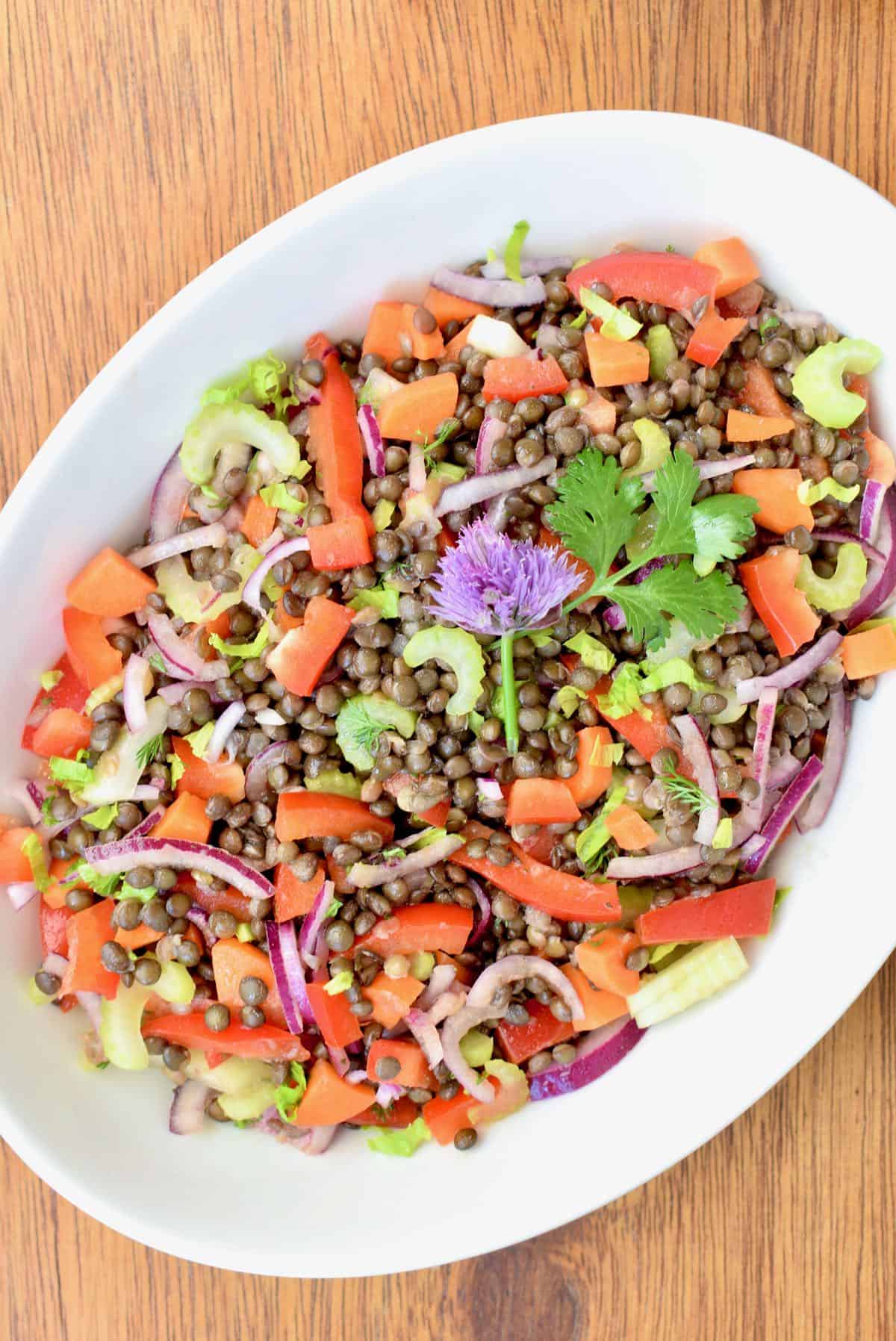 A white bowl filled with a colourful lentil salad full of raw vegetables