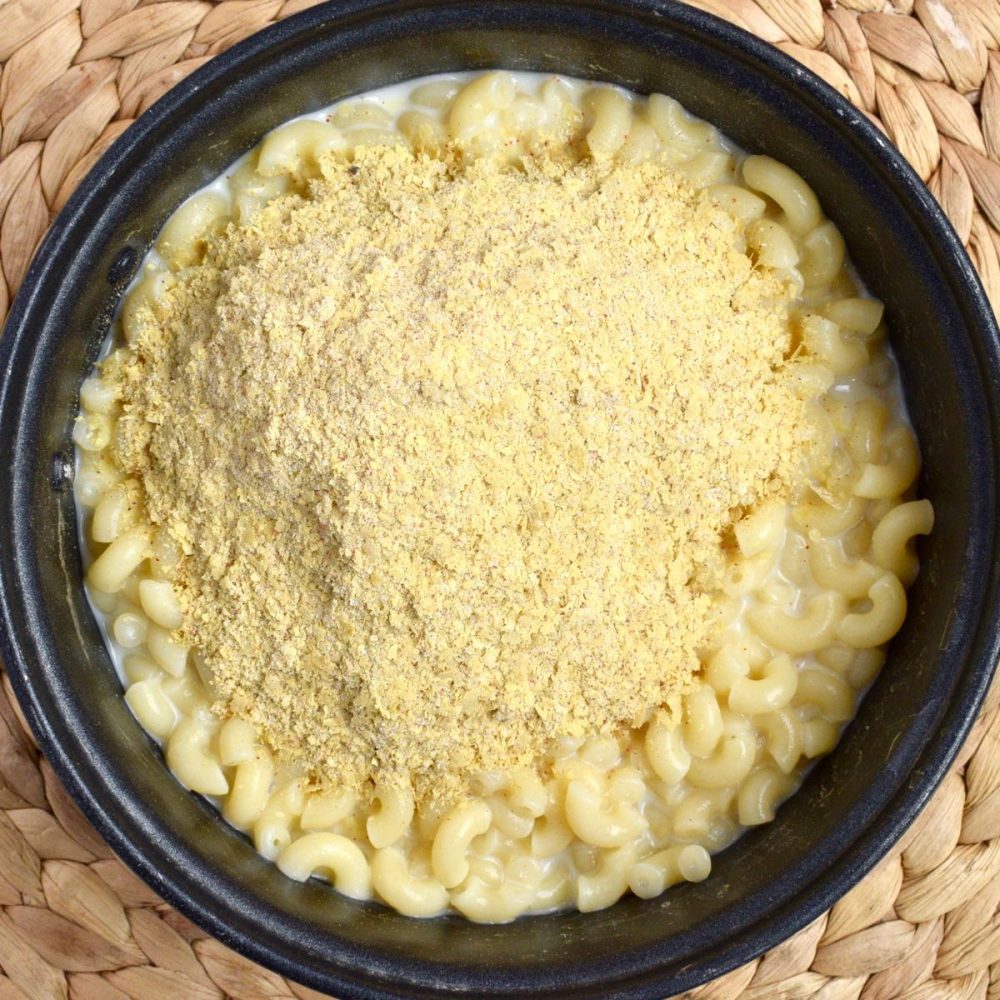 Macaroni and soy milk with the powder mix on top
