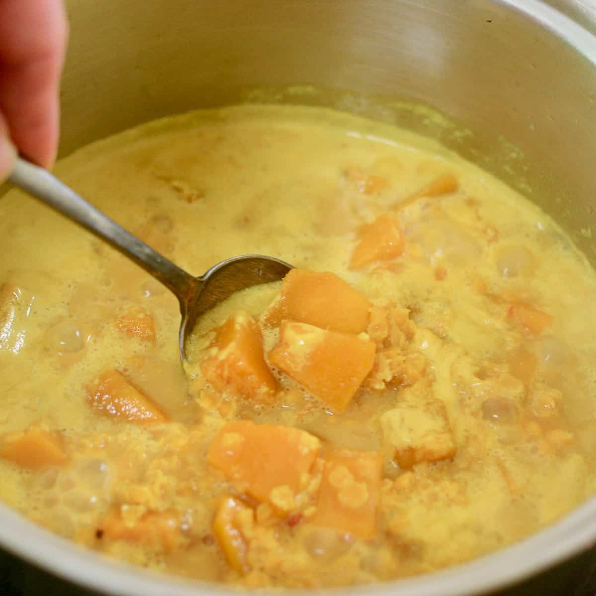 A spoon lifts some cubes of pumpkin from the saucepan, to check if they are soft.