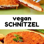 A collage: above - a fork takes a slice of schnitzel, below - the whole golden coloured crust of the finished dish. Text in the centre: vegan schnitzel.