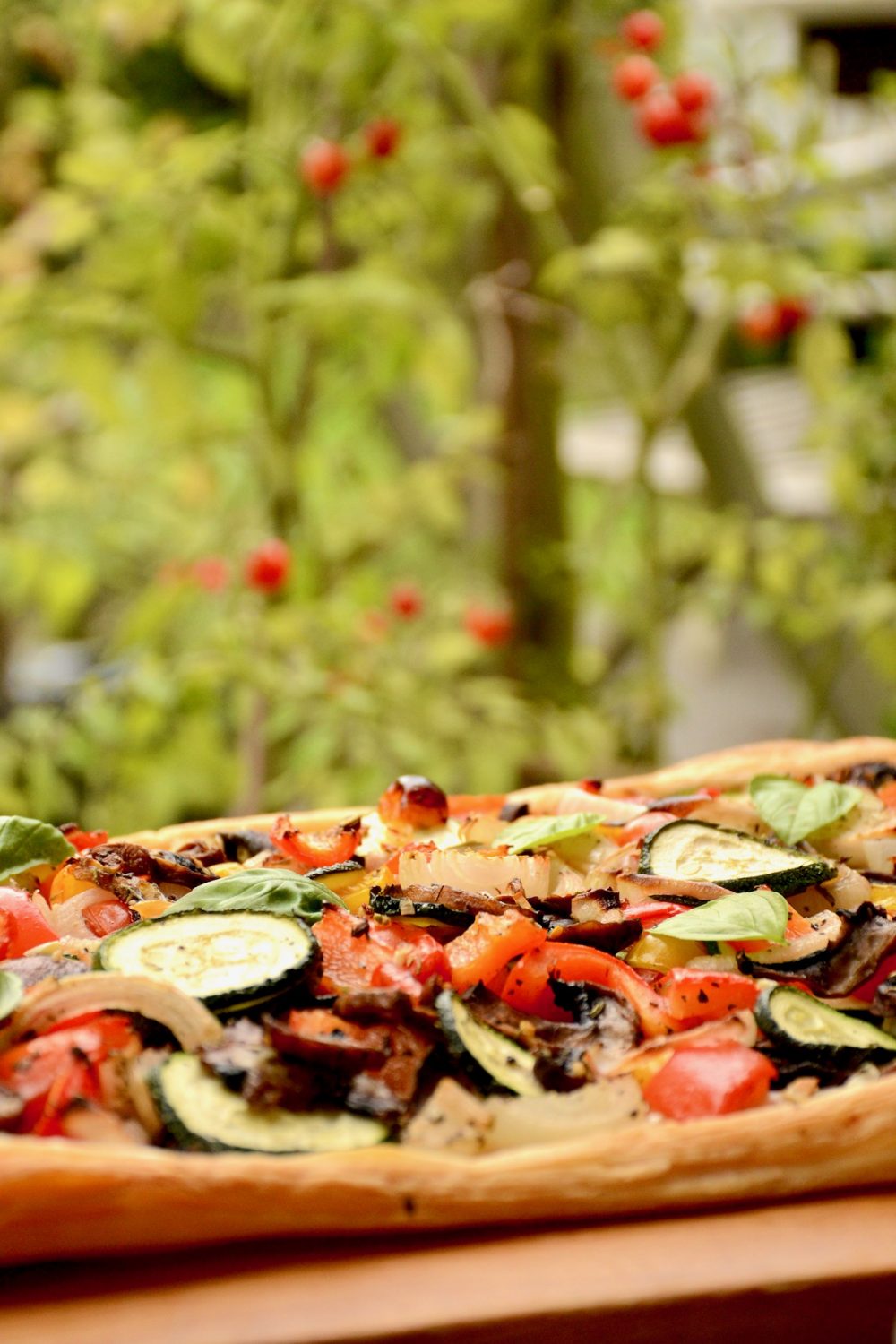 A piece of tart with a tomato plant in the background.