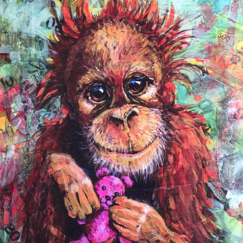 A colourful painting of a baby orang utan looking at the viewer holding a small pink teddy bear.