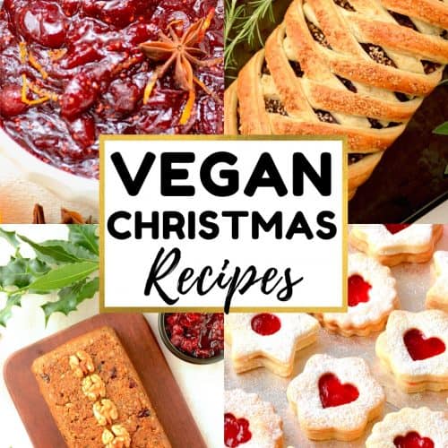 A collage. Text reads 'Vegan Christmas Recipes', and the pictures show a nut roast, a mushroom wellington, homemade cranberry sauce and christmas cookies.