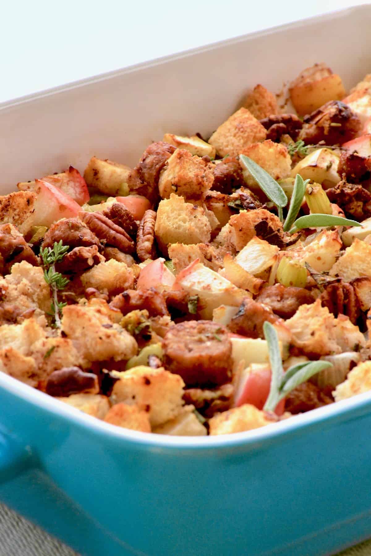 The crispy golden top of the baked vegan stuffing.