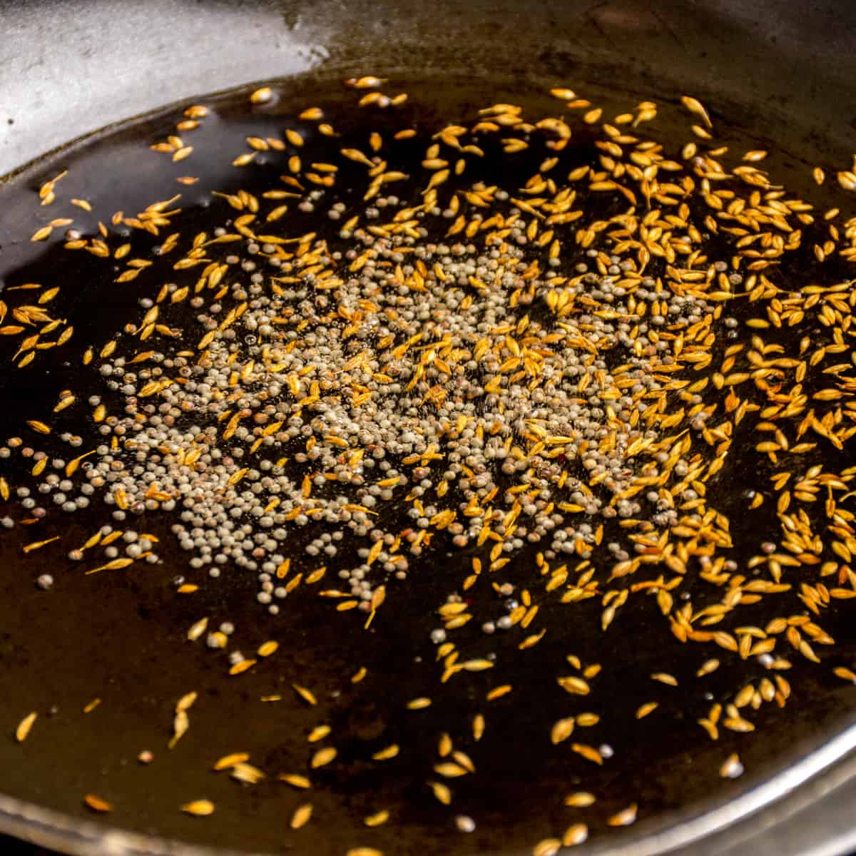 Whole cumin and mustard seeds tempering in oil in pan.