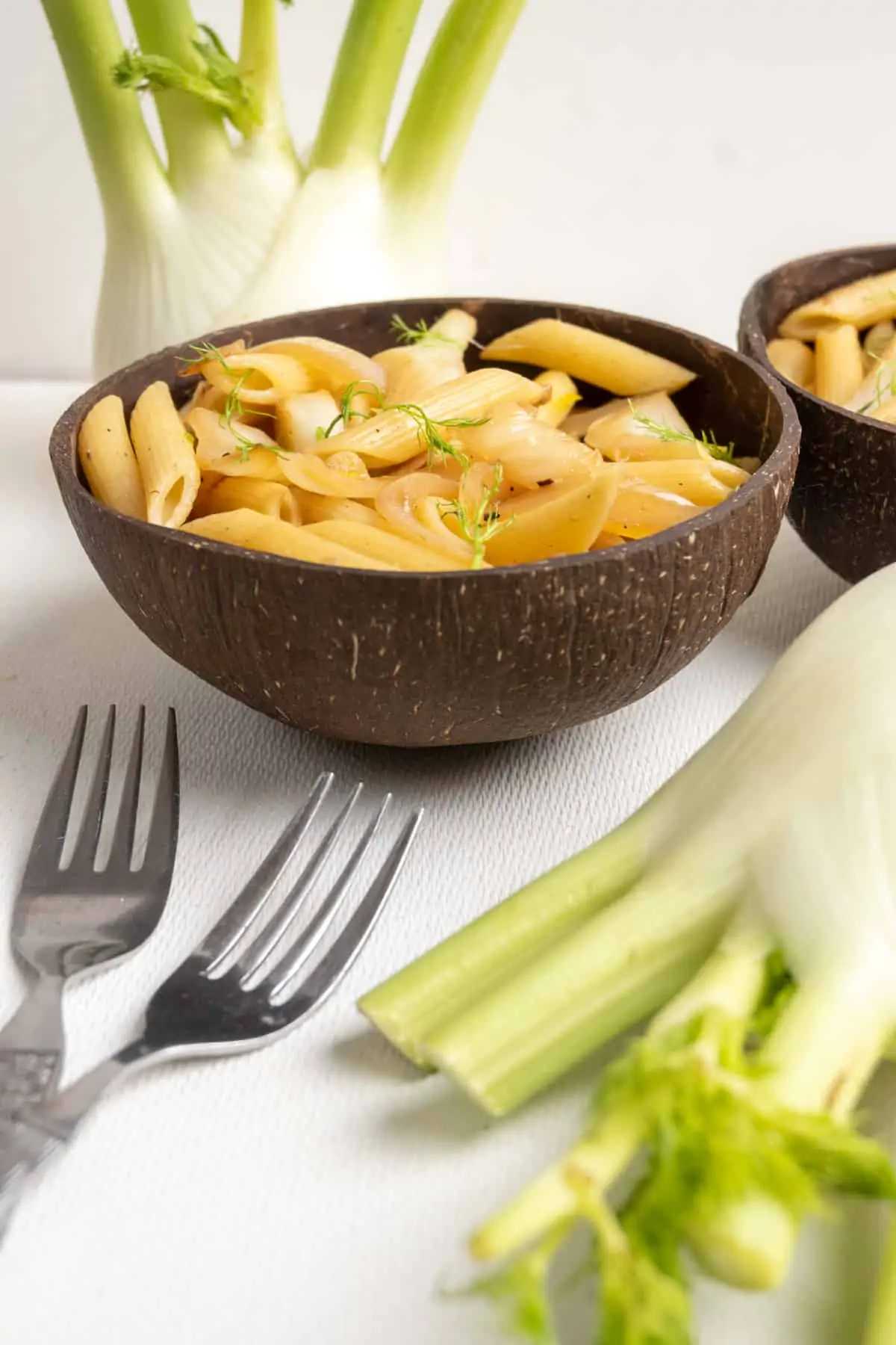 A portion of fennel pasta served up in a coconut bowl. Two bulb of fennel serve as decoration for the photograph.