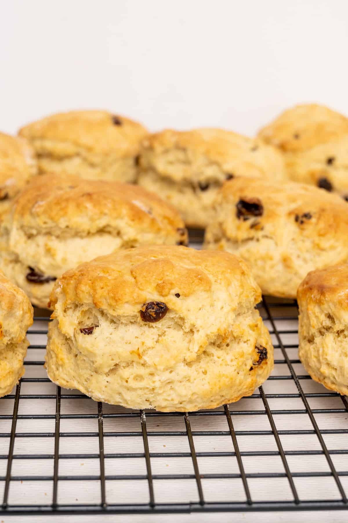 Fresh vegan scones on a cooling rack.