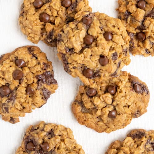 An overhead image of several oatmeal cookies with chocolate chips on a white surface.