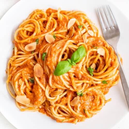 A plate of pasta in a red pepper and tomato sauce with a fork.