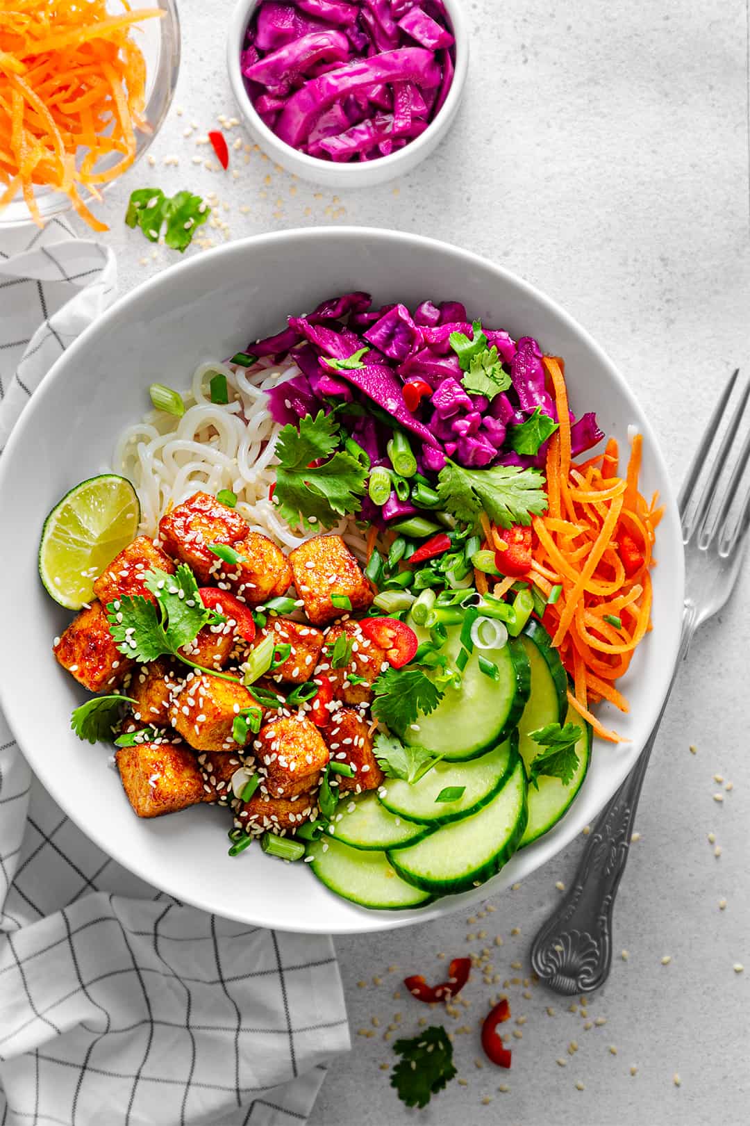 Tofu, noodles, fresh cucumber, carrots and cabbage in a bowl. 