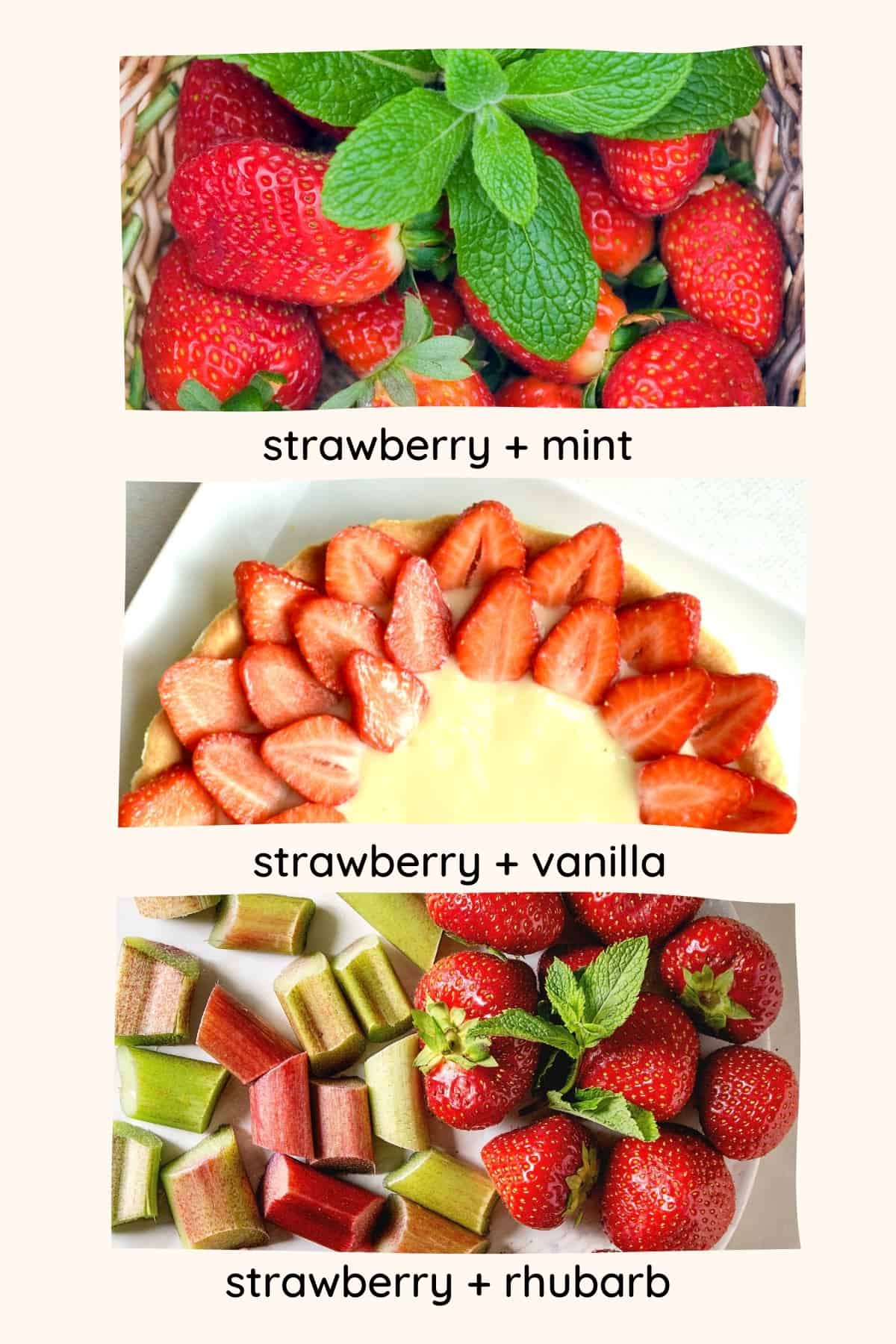 Strawberry flavour pairing collage - strawberries with mint, vanilla, and rhubarb.