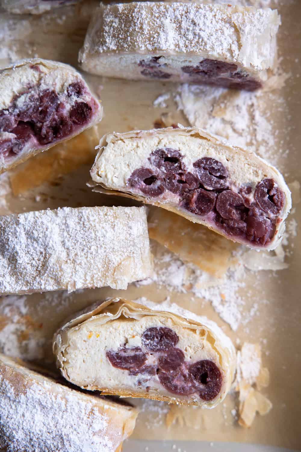 Slices of vegan cherry strudel.