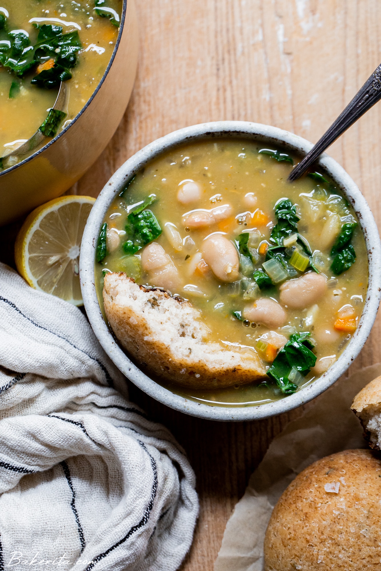 A bowl of kale and white bean soup. 
