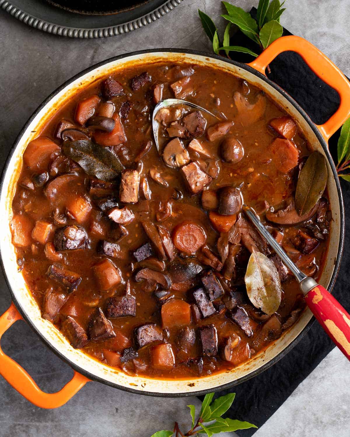 A casserole dish of mushroom and tofu stew.