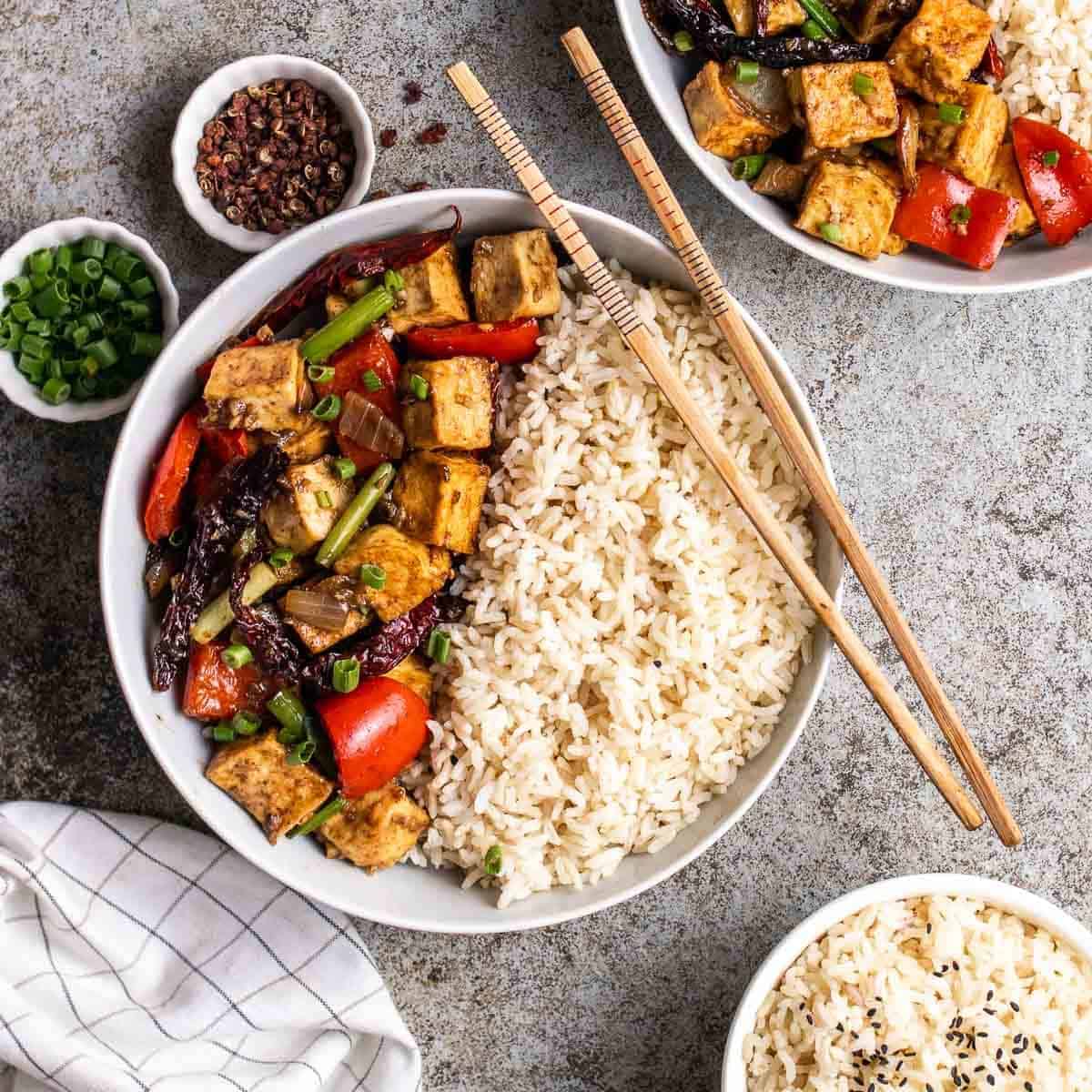 A bowl of rice and Szechuan tofu. 