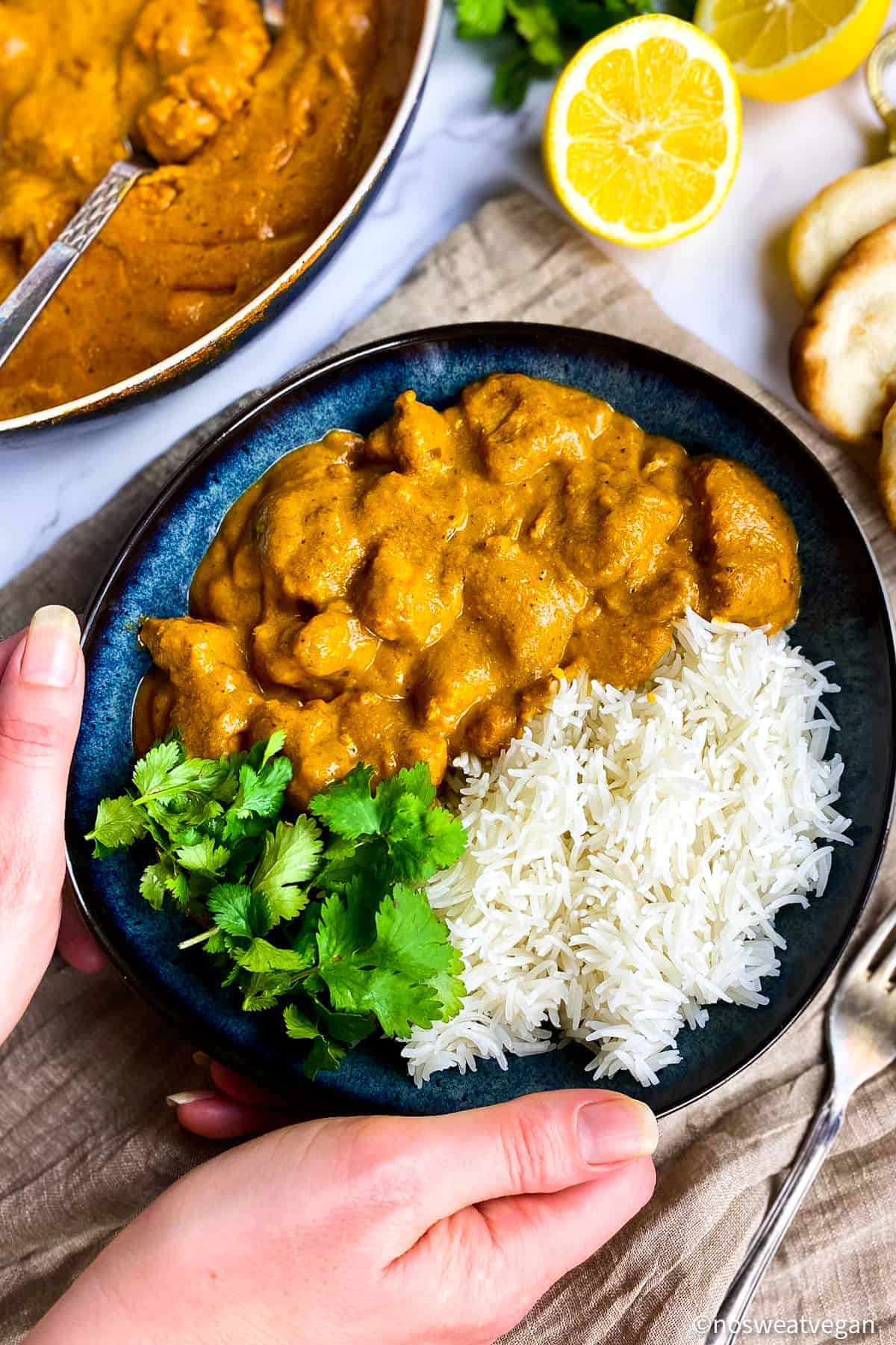 A bowl of vegan butter chicken.