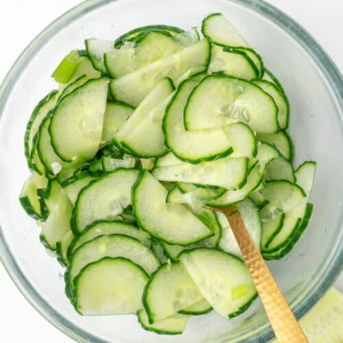 A spoon picking up some cucumber pickle from a bowl.