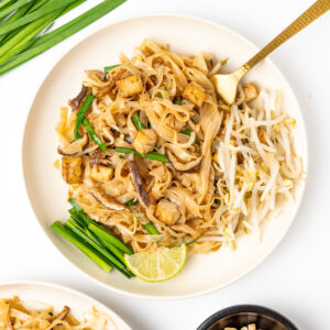 A portion of vegan pad thai on a plate served with peanuts, a lime wedge and bean sprouts.
