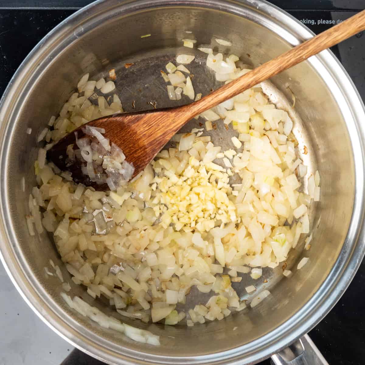 Sauteing onion and garlic in a pot.