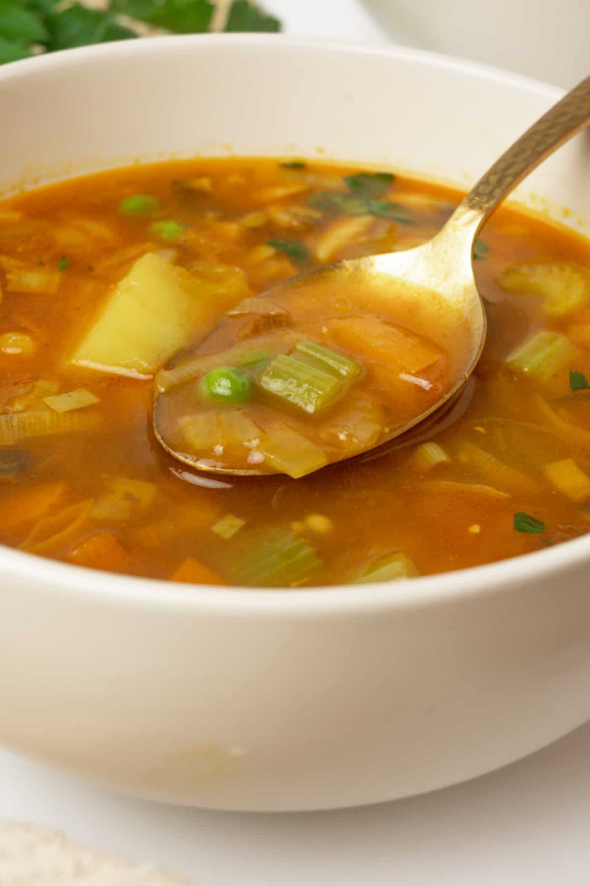 Veggies in a richly coloured broth on a brass spoon.