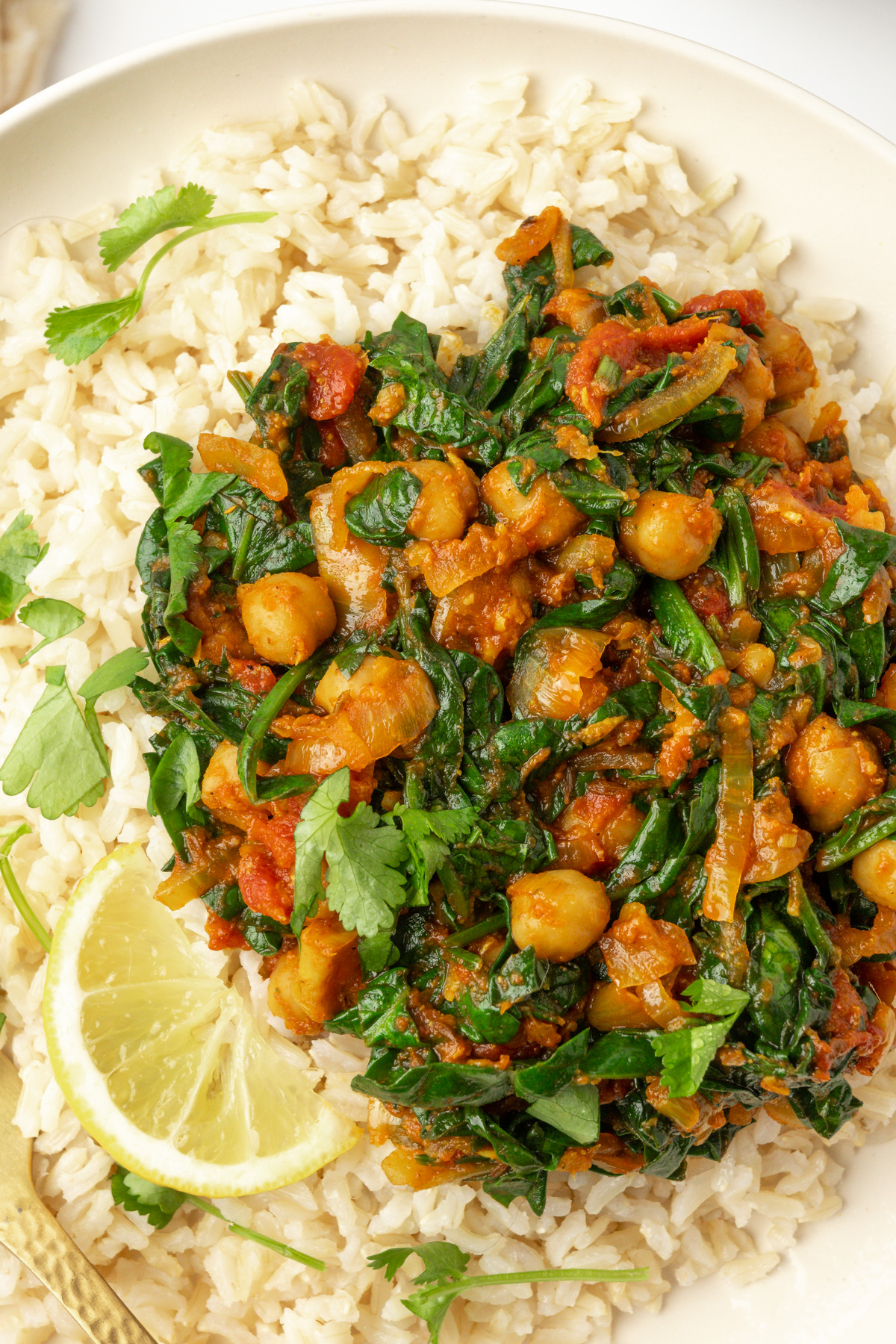 A thick curry with lots of spinach, spices, tomatoes and onion in.