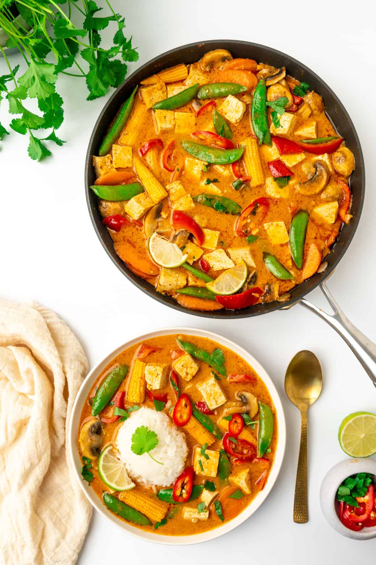 A bowl of curry next to the rest of the curry in a pan.
