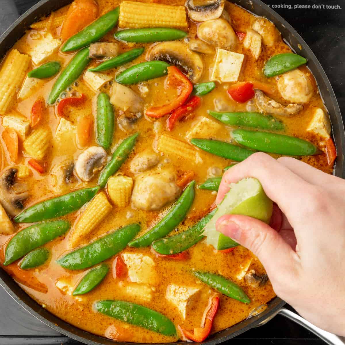 Squeezing lime juice into a pan of curry.