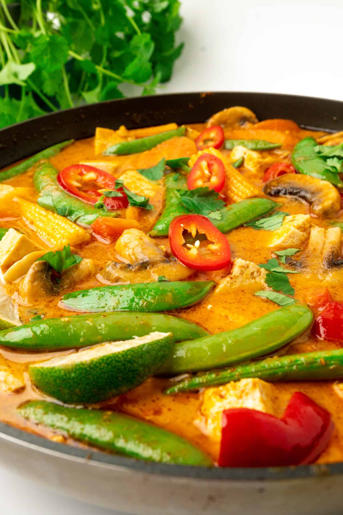 Thai curry garnished with red chilli and lime.
