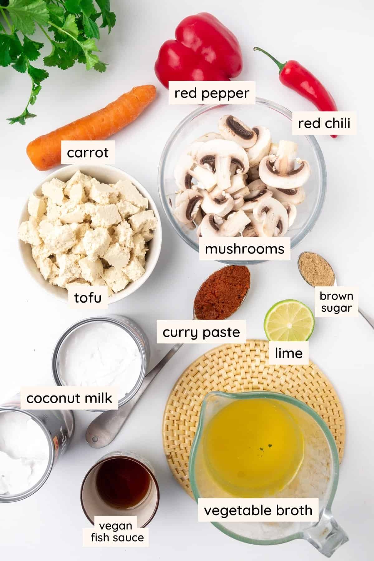 Συστατικά: καρότο, κόκκινη πιπεριά, κόκκινο τσίλι, μανιτάρια, τόφου, γάλα καρύδας, πάστα κάρυ, λάιμ, καστανή ζάχαρη.  vegan σάλτσα ψαριού και ζωμό λαχανικών.